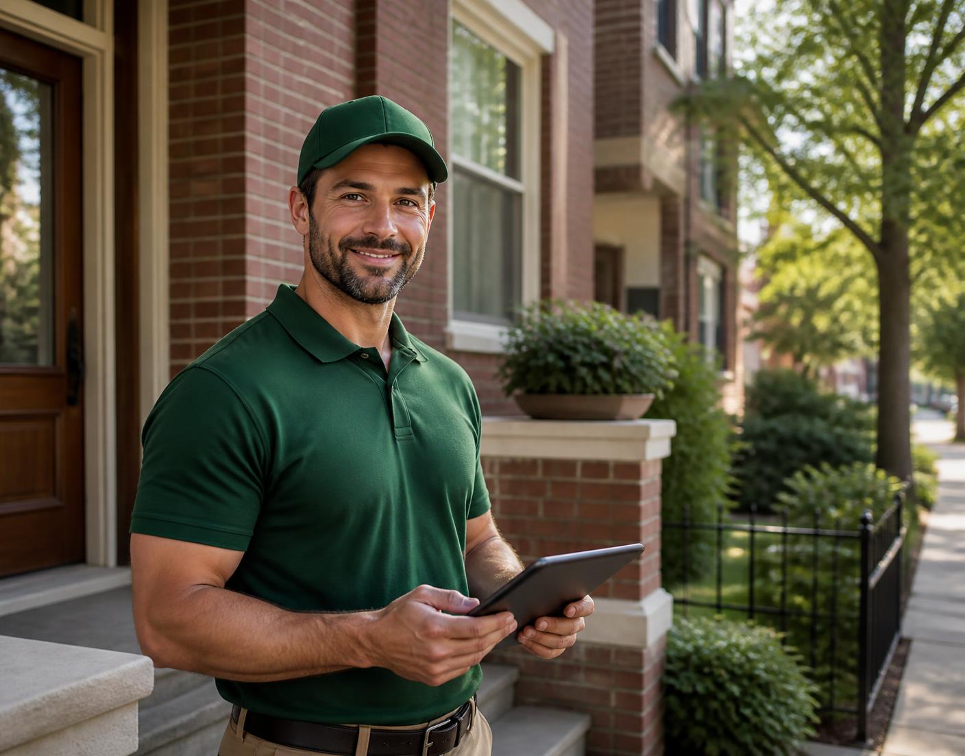Licensed pest-control technician outside a Chicago home