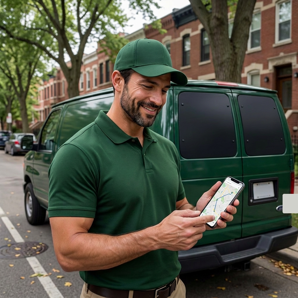 Pest-control technician reviewing his route on a phone